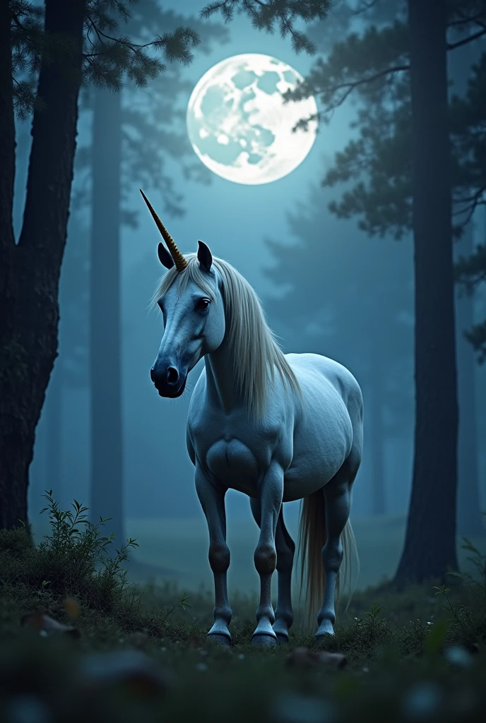 unicorn in the forest with the full moon in the background