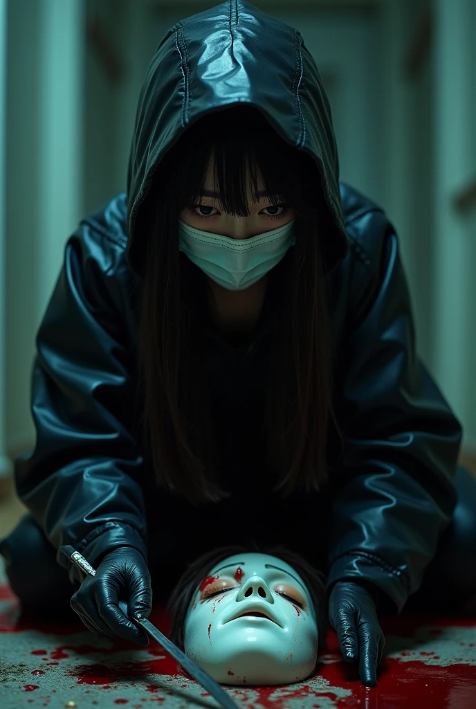 korean girl, (behind corpse, surgical mask), holding knife, stabbing, black gloves, room full of blood, black raincoat, bucket hat, holding knife, black gloves, behind corpse, blood splatter, long bangs, in the hotel, black wet suit, night, mass murderer, killer, robbery, dark atmosphere, cinematic lighting, atmospheric realistic, close-up,