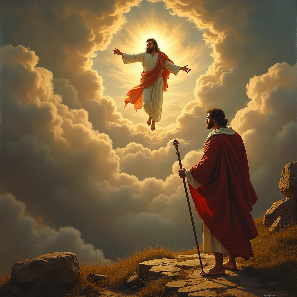 image with characteristics of Renaissance art, John the Baptist preparing the way of the Lord while Jesus comes on the clouds in the background