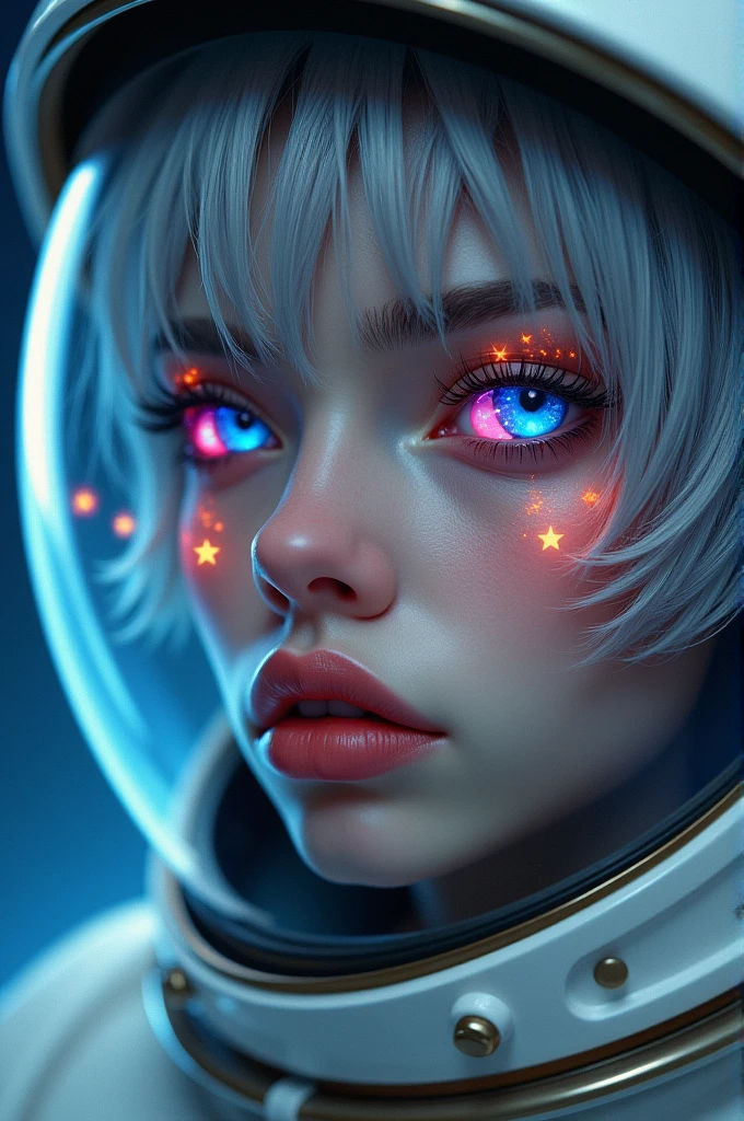 (Close-up of a better masterpiece:1.5)0.9], (Space and astronauts:1.2) (Messy silver hair:1.1) (Heterochromia xanthochromia and blue eyes:1.2) (Space Helmet:1.0) (Colored stars in the eyes:1.0) (A radiant glow:1.1) (thick lips:0.9)