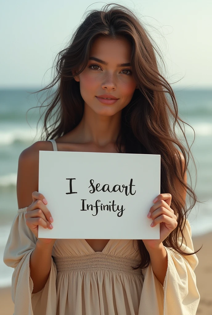 Beautiful girl with wavy long hair, bohemian dress, holding a white board with text "I Love Seaart Infinity" and showing it to the viewer
