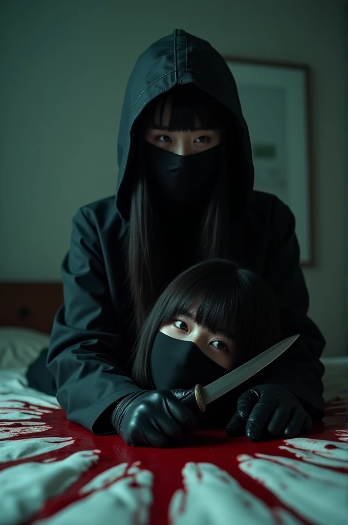 korean girl, (behind corpse, holding knife), balaclava, black gloves, room full of blood, black raincoat, hood up, holding knife, black gloves, woman on top, behind corpse, blood splatter, on the bed, mass murderer, killer, long bangs, blood splatter, dark atmosphere, cinematic lighting, atmospheric realistic, close-up,