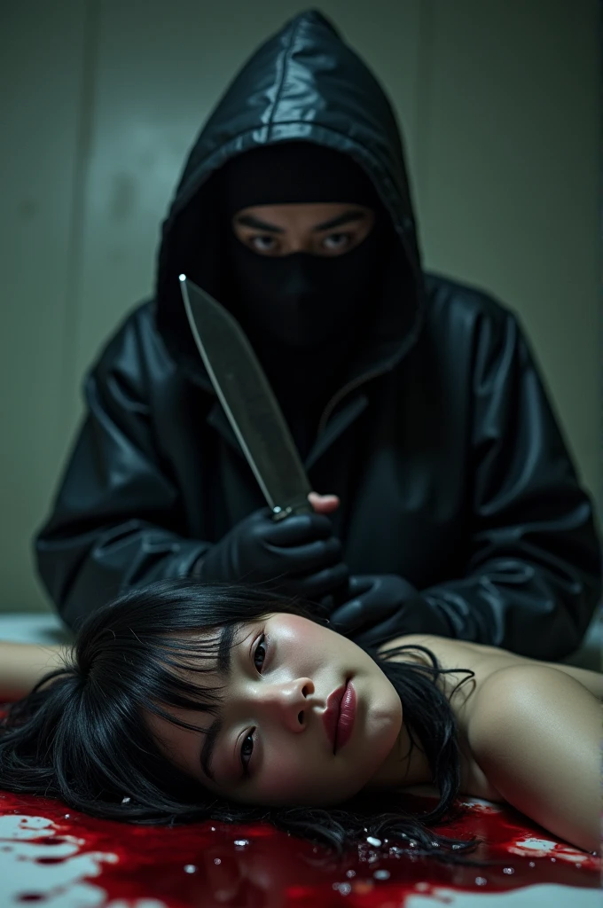 korean girl, (behind corpse, holding knife), balaclava, black gloves, room full of blood, black raincoat, hood up, holding knife, black gloves, woman on top, behind corpse, blood splatter, on the bed, mass murderer, killer, long bangs, blood splatter, dark atmosphere, cinematic lighting, atmospheric realistic, close-up,