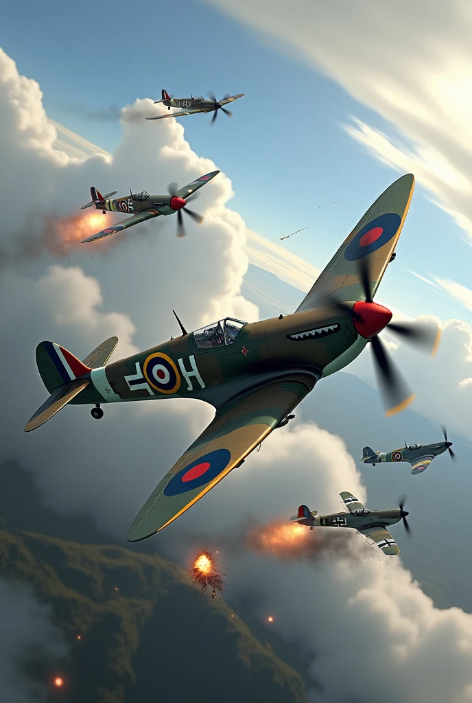 Create an image in landscape with dimensions of 96mm x 210mm depicting an aerial battle during World War II. In the center of the scene, show a British Spitfire fighter plane, with its distinctive markings and camouflage, performing an agile and bold maneuver while engaging several German Bf-109 fighter planes. The Bf-109s should be in attacking positions, with their typical Luftwaffe colors and markings.

The sky should be dramatic, with clouds of smoke and tracer fire to indicate the intensity of the aerial combat. Include details like explosions and debris in the background to emphasize the ferocity of the battle. The setting can be a European landscape, such as a cloudy sky or a mountainous region in the distance. Make sure to capture the sense of speed and tension, with the planes in dynamic positions and the atmosphere charged with action and urgency.