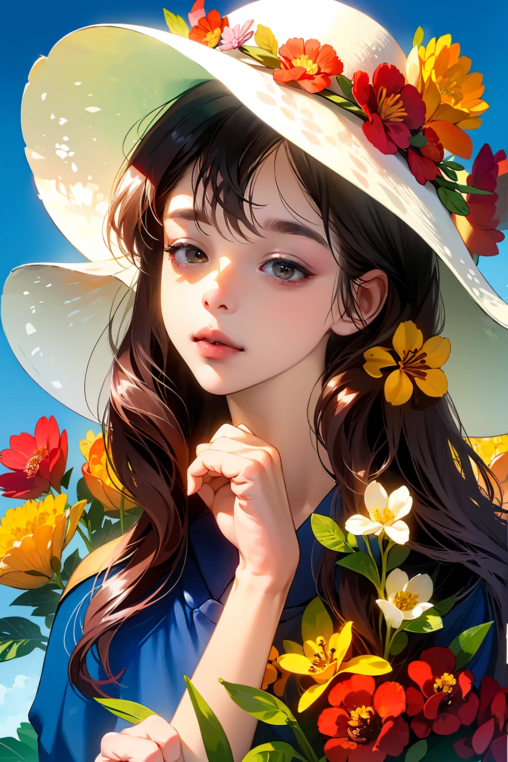 1girll, Solo, Extremely detailed eyes, starfish, seashell, shells, flower, Hat, hair adornments, jewelry, Straw hat, view the viewer, sunglasses, hatflower, drinking straw, hair pin, Earrings, Red flower, Colored glasses, yellowflower, bangs, English text, multicolored hair, orangeflower, Black hair, ring, Ccup, Long hair, orange-tinted eyewear, food, Brown hair, Portrait, shell hair ornament