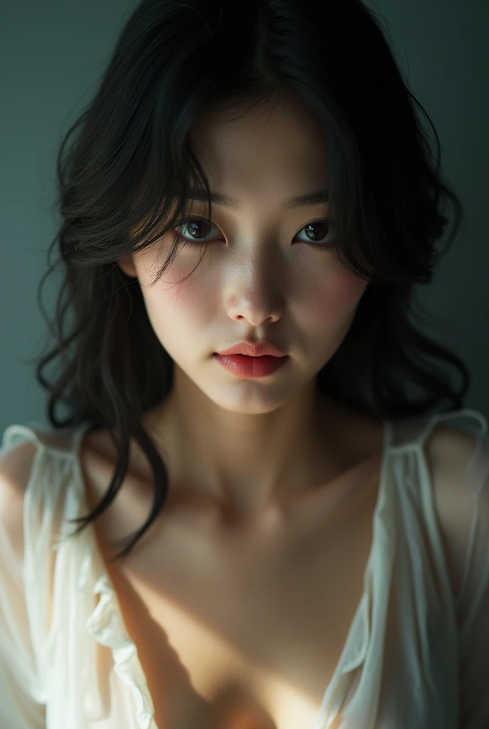 (((Full body image of a woman))),(Model shooting style), (shy), 1 girl, Lonely, Shiny black hair、 Extremely rich facial detail, Beautiful Eyes, cute, Slightly red cheeks,bright, Lonely Eyes, Stunning beauty, Front blur(Rembrandt Lighting), ARRI Lenses, Surreal, (Skin with attention to detail:1.2),4K,ARRI ALEXA LF,Promise, Dramatic Rim Light,Sparkle Effect, high quality,Very delicate and beautiful, wonderful, In detail, masterpiece, Very detailed, High resolution,Best Shot, Best Shadow,Complex,Sharp focus, high quality, 1 Japan woman, alone.cute,Fuka Koshiba,Yuki Sakurai,waterfall,water droplets,Wet,Lens flare,No sleeve,Frills,Beautiful breasts,Swallowtail butterfly,A butterfly flutters,Cool eyes,Glossy Lips,An ennui smile,Glowing Skin,Transparent skin,From above,Open your arms,Waistline,Beautiful nipples,((No shirt, Very good, Naked underneath, Bare chest, Barely covering her nipples)),((Wet, Her clothes are transparent, Her body and skin sweat)),((View from the rear, From above見た図, Bare back)),Bloom