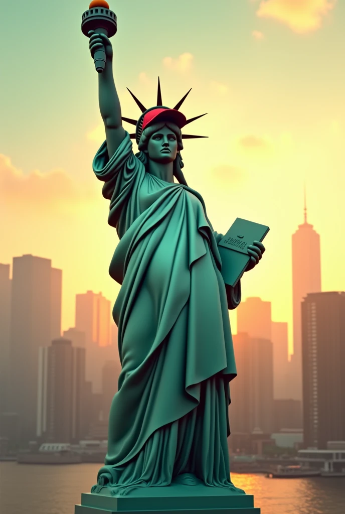 Generate the Statue of Liberty with a cap and a microphone 
