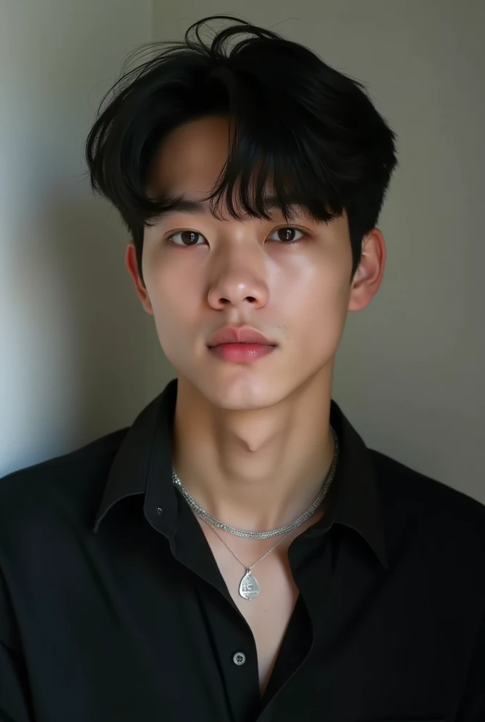 handsome 17 year old boy wearing black shirt and necklace taking a selfie 