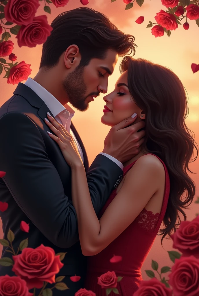 Create a cover for a romance ebook. The cover should feature a passionate couple without showing their faces, with the man gently holding the woman's face, set against a beautiful landscape of roses. "Make sure the man's nails are not painted."

