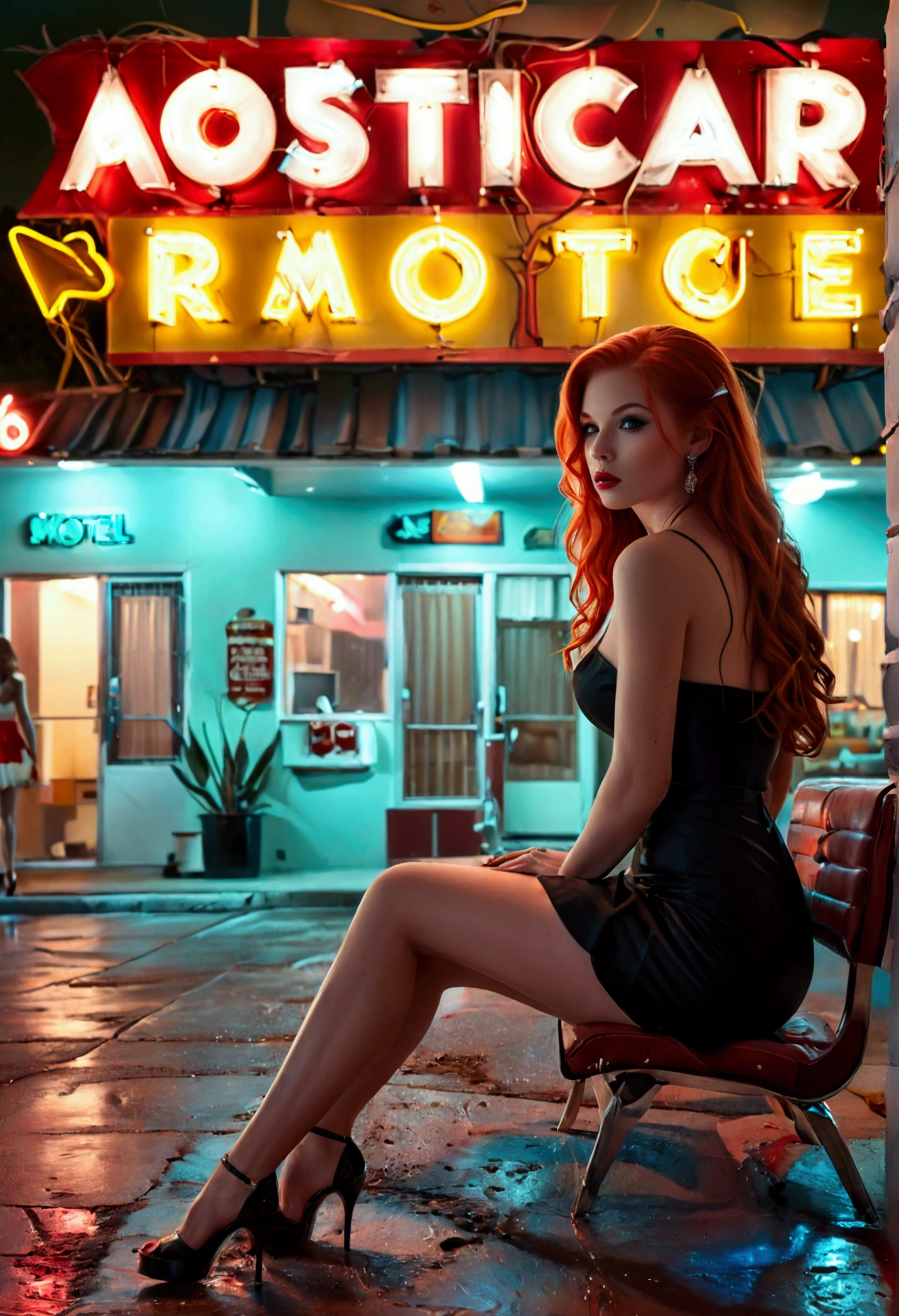 ((masterpiece, highest quality, Highest image quality, High resolution, photorealistic, Raw photo, 8K)), (full body shot:1) photorealistic image of a (sitting pose:1) ultrarealistic, photography, long red hair, woman, 24 years old, hourglass figure, perfect body, seductive look, natural medium breasts, view of a motel with a car parked in front of it, with neon signs, A woman waiting for a guest in front of a motel, seduction, short dress and high heels, route 6 6, neon signs, 1 9 5 0 s americana tourism, some have neon signs, neon lights outside, neon advertisements, gigantic neon signs, neon shops, few neon signs, neon signs in background,