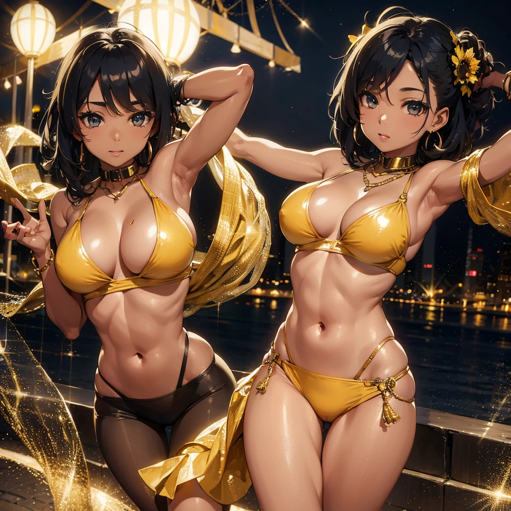 Beautiful young African American woman dancing In the pale moonlight. Wearing a roce-gold bikini