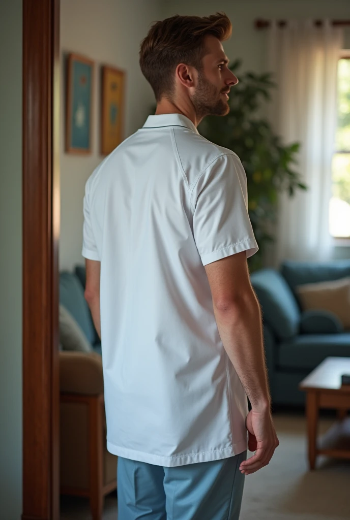 Photo of tall 32 year old white man, dressed in a doctor&#39;s uniform at home but with his back turned so that he can be seen in the background of the photo
