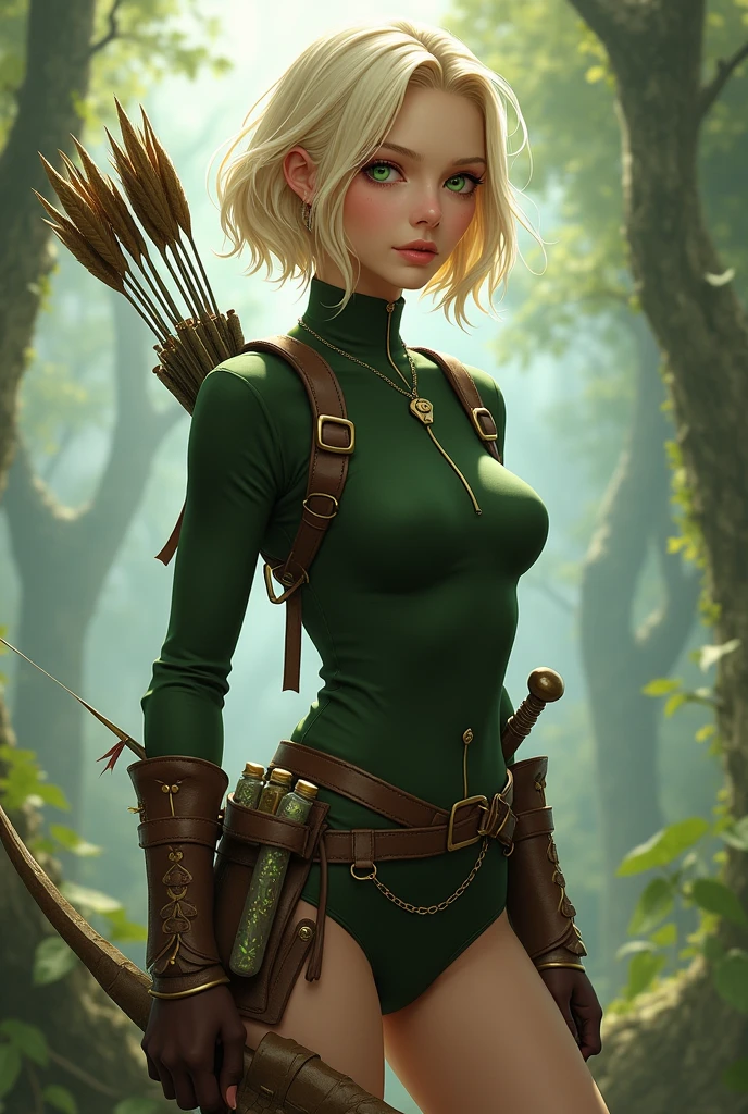 uma mulher de 20 anos, Caucasian skin, short hair to the chin blonde, with two large strands down to the shoulders in the front, honey-colored eyes, light green water lines, ear with leaf earrings, narrow but fleshy mouth, angelic face with big eyes (the appearance has to be of a fantasy world) and the indifferent expression she has the appearance of fantasy.
Her hair is like that of the singer Aurora. She wears a dark green tight outfit with brown at the waist and carries small bottles of herbs., has a dagger in his thigh, her body is curvy and small, and she also carries a bow on her back, she is a warrior, don't put a cleavage on her clothes
