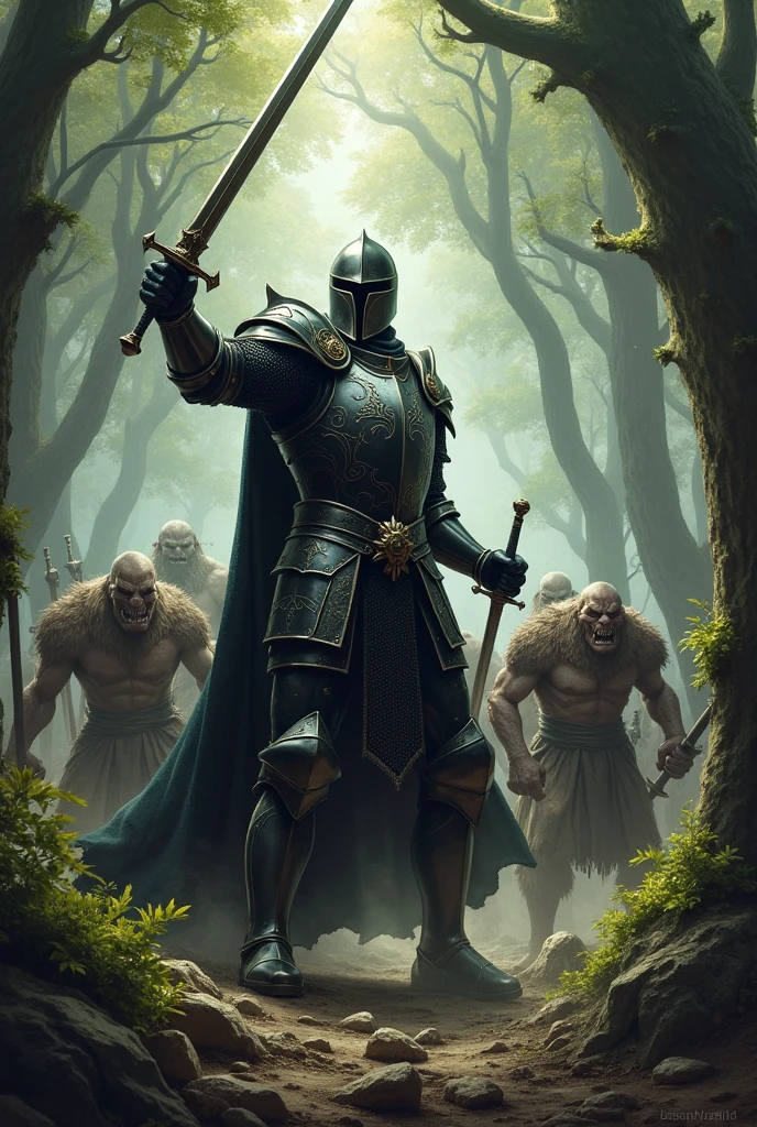 A medieval knight in shining black armor with a flaming sword in combat stance fighting with orcs who are wielding swords with a forest background