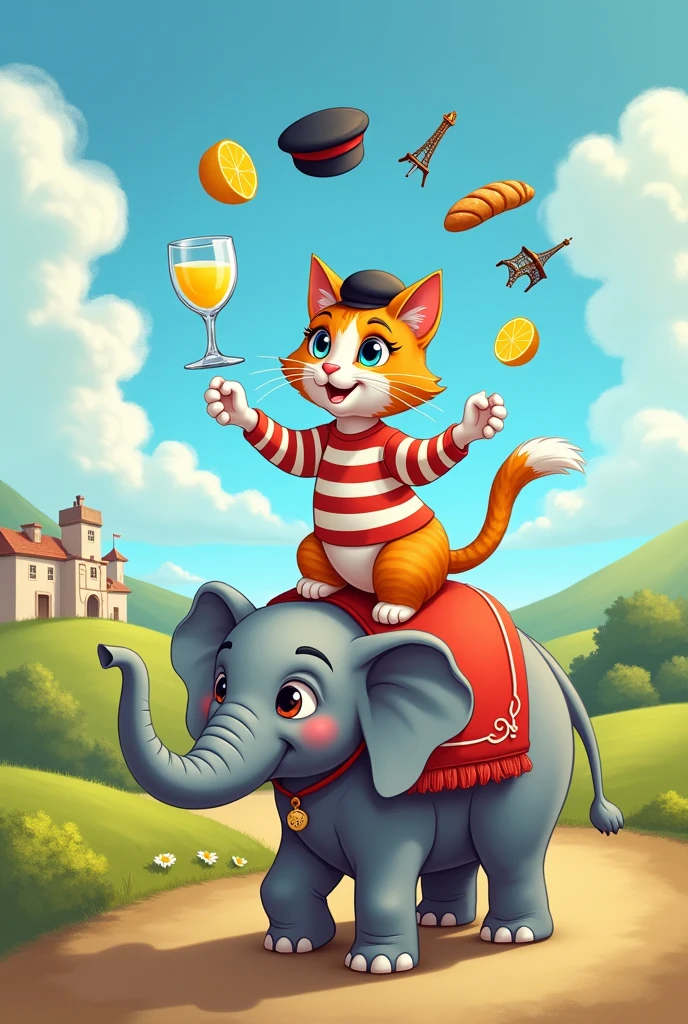 A cat on a French elephant drinking lemonade while juggling (em Cartoon)