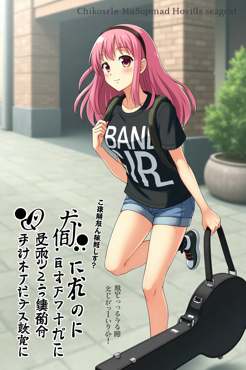 (((女性の胸をとんでもないほどのBig Breastsに変更、The bag on the woman&#39;s left shoulder has been replaced with a large guitar case.、Slender curves、Big Breasts、Big Breasts、Big Breasts、Transcendent beauty)))、Poster layout for adult video, with text on screen: "BAND GIRL Shocking AV DEBUT!!", (((Japanese woman carrying a large black guitar case))), 26 year old adult woman wearing a black crew neck top with large English letters on her chest and short blue jeans posing for a photo, busty female porn actor, dynamic pose, model pose for rock music magazine, unimaginably beautiful woman with slender curves, Japanese female fashion model, (((very bright pink hair))), happy, thick chain jewelry around neck and arms, (((in front of a strip theater in Asakusa))), pure and beautiful smile, intelligent face, slender curves, big breasts, wearing a black t-shirt, a very small leather jacket, denim shorts, (((extreme low angle))), zero, building, carrying a black guitar case with a guitar strap attached,, (((DVD mark、Blu-ray mark)))、