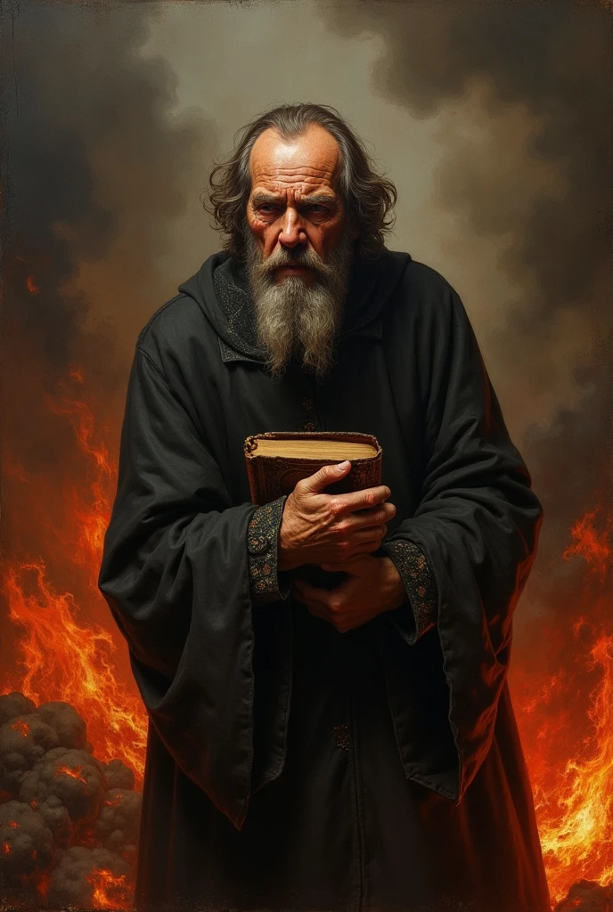 Depict the Protestant reformer John Calvin with a face full of tears, holding a Bible in his hands and agonizing in pain in the fires of hell