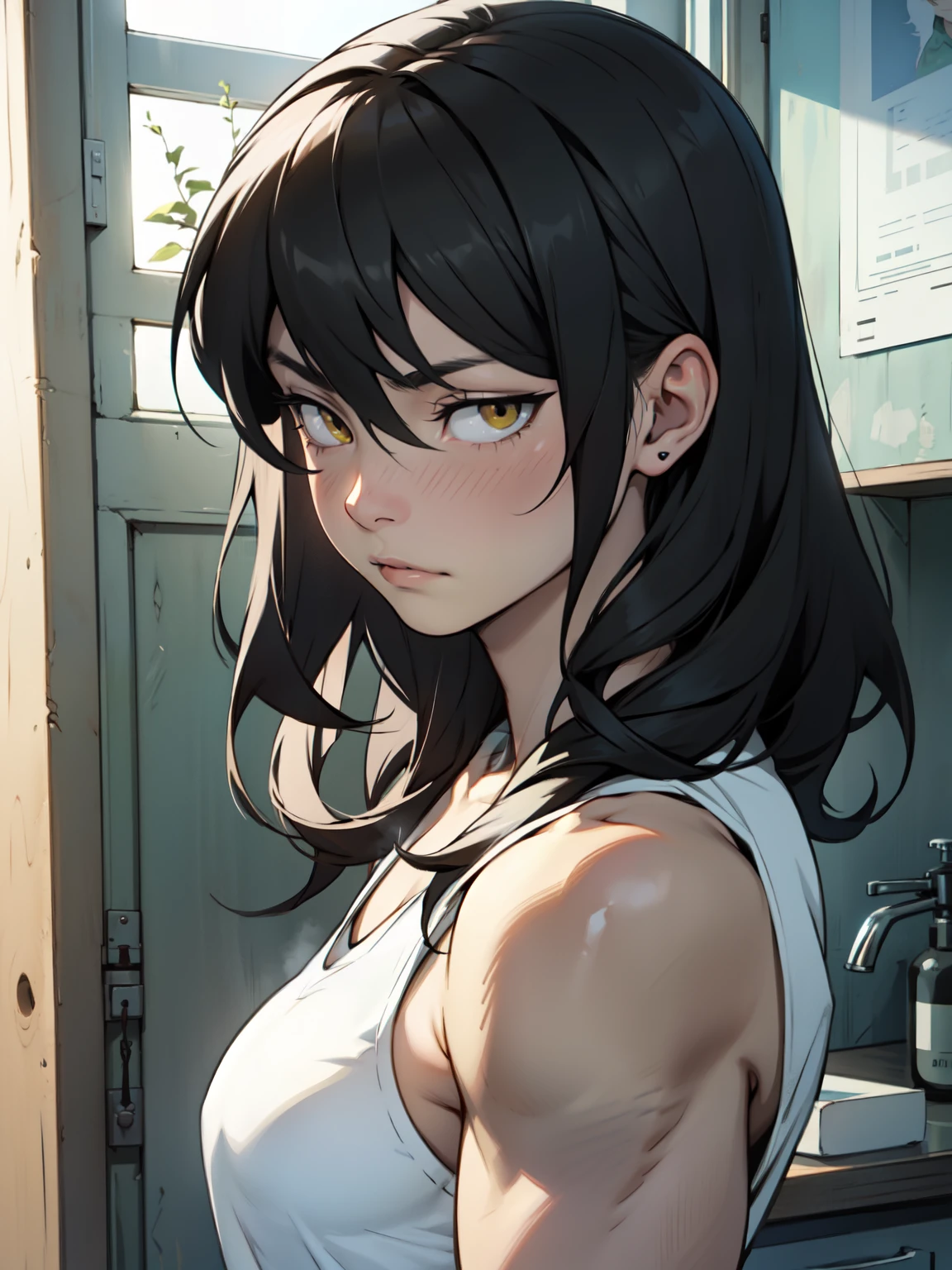 breasts muscular girl feminine black hair yellow eyes pale skin empty eyes embarrassed