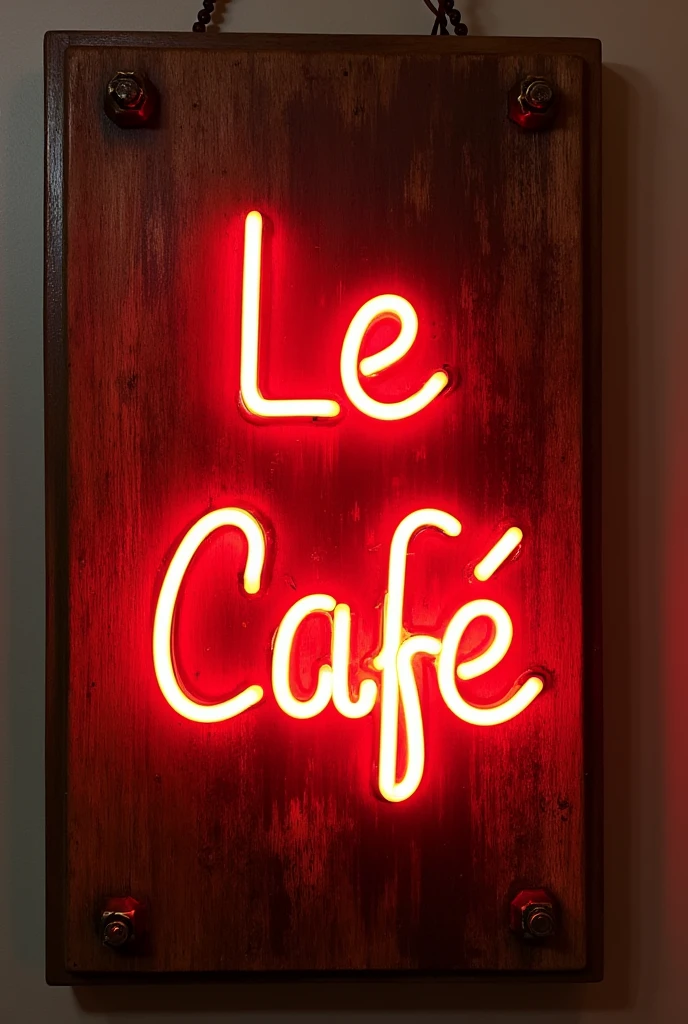 Write the phrase 'Le Café' in red neon, with a rustic and amended letter, on a wooden plate