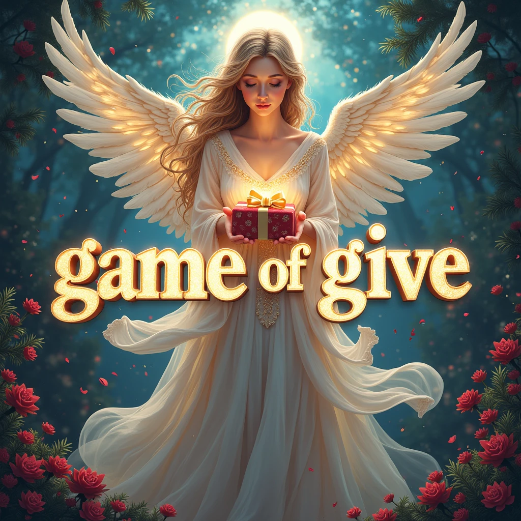 Typography Poster design, text "game of give", gift theme, angel, masterpiece, best quality, ultra-detailed, intricate, vivid colors