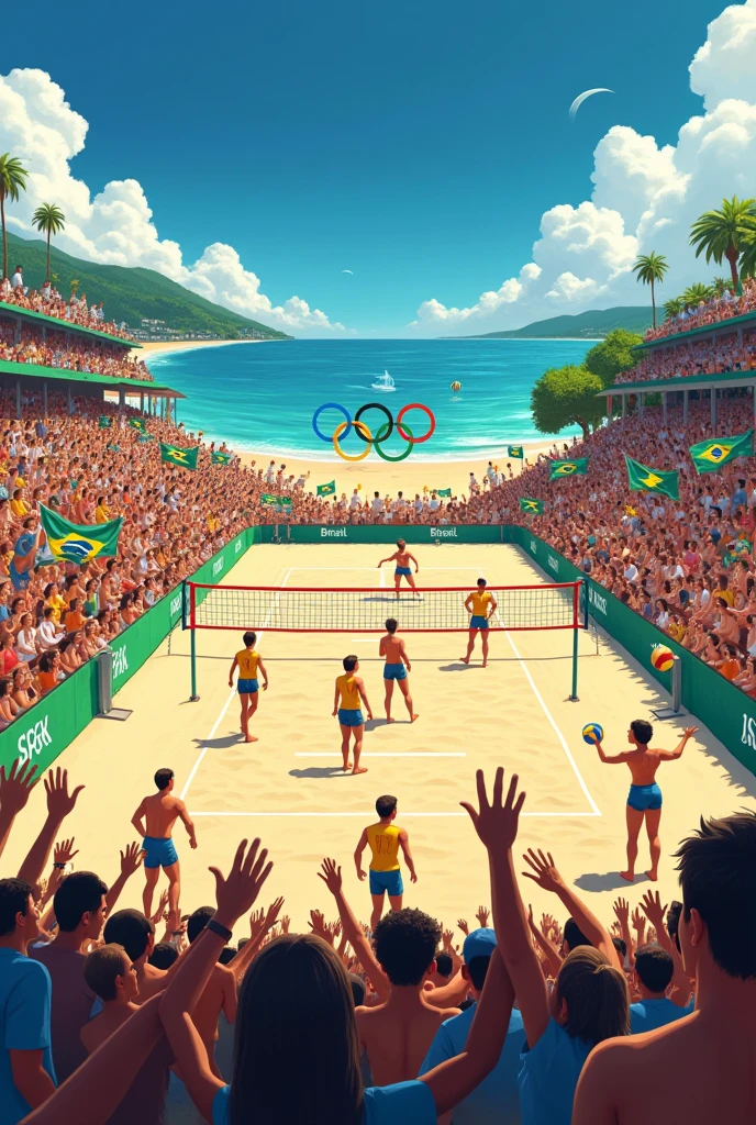 A beach volleyball court, with two people on each side, each holding a colorful wooden racket, perspective from above, packed audience with Brazilian flags, olympics symbol background