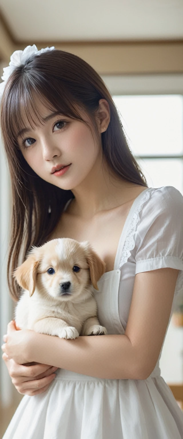 ((nsfw)),(8k, RAW photo, best quality, masterpiece),High detail RAW color photo, professional photograph,(realistic, photo realistic), (best quality),((a girl and a dog of Golden Retriever)),((the girl is a very beautiful and very cute maid)),(The girl is breastfeeding to the dog with the girl's own breastmilk),(the girl is 13 years oll is completely naked and completely unclad)),((the girl is sitting on a chair in a living room and holding the dog to the girl's chest)),((the girl has abnormal extra ultra huge boobs:1.98)),((the girl's each boob is more than the nineth times size of the girl's head:1.98)),(the girl has a thin baby girl body shape ex for her breasts),feminine,(the girl is baby face),(the girl hasface), (big double eyelid eyes),(small cute nose), ((slim waist)),((small hip)),(looking at viewer),(detailed maid:1.2),((the girl is wearing a frilly very small white semicircular waist apron only)),((the girl is wearing the katyusha with the ears of a white bunny girl on the girl's head)), mushroom cut hair style, smooth brown hair,((bangs)), smooth skins, (no clothing), (the girl is not wearing a bra:1.68), (no manicure), (no maked up), (no accessary),(the girl's each boob is exposed on full),(the girl's nipples are exposed),