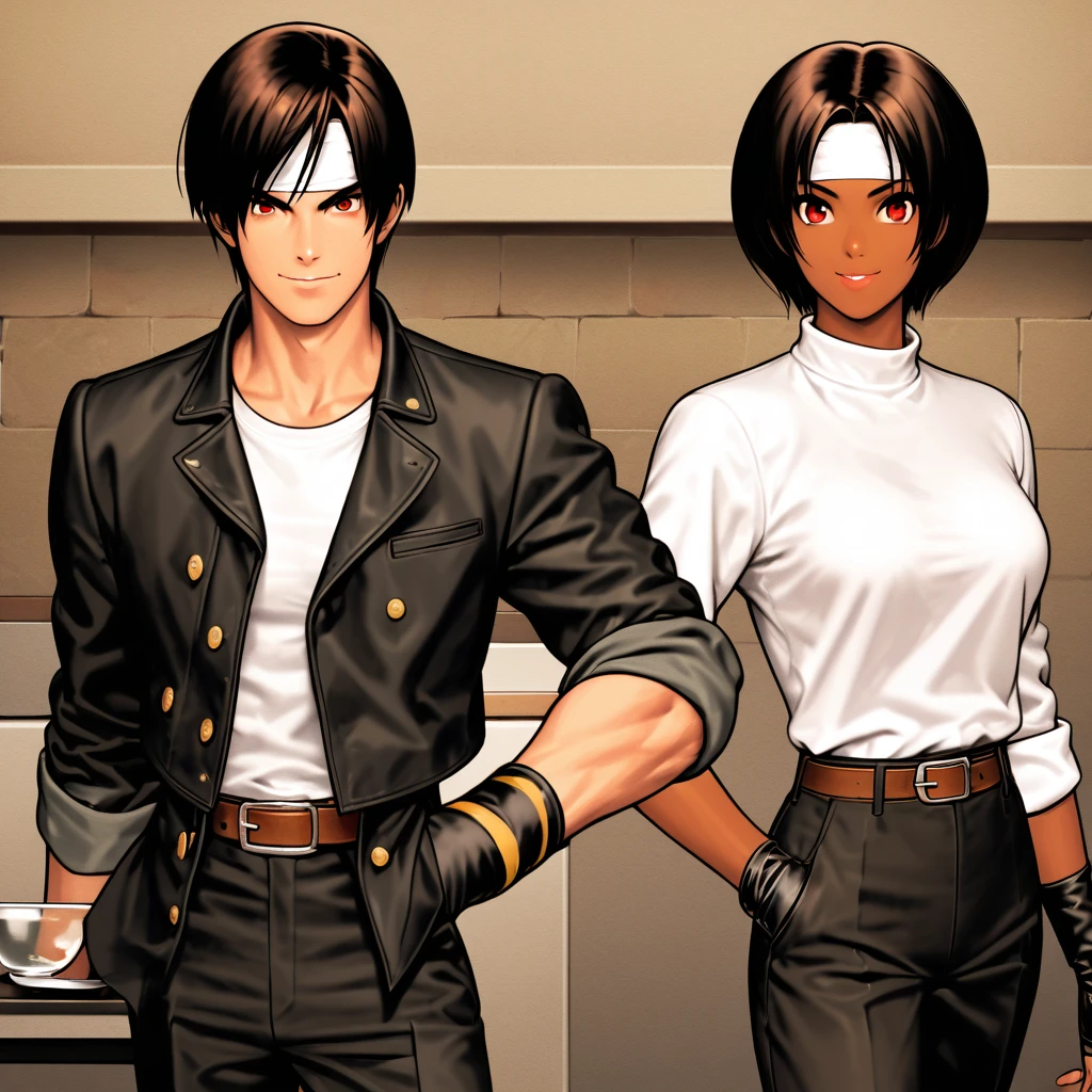 Frivolous,single,woman,short hair,Black Hair,Dark Skin, ((White headband)),Red eyes,(Black jacket with rolled up sleeves),Fingerless gloves,White T-shirt,Black pants,White shoes,Brown belt,cute,Indoor person,Frivolous,You can see the ocean,Slightly large breasts,Outdoor,high quality,. Well-proportioned face、Fine texture、A confident smile、Dining with friends at a terrace restaurant、Holding a smartphone in one hand。
