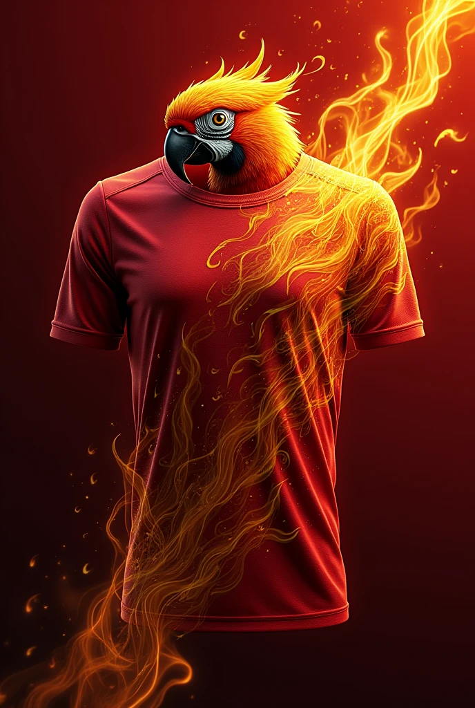 Make a red team shirt with gold flame-like details,and add a golden macaw too