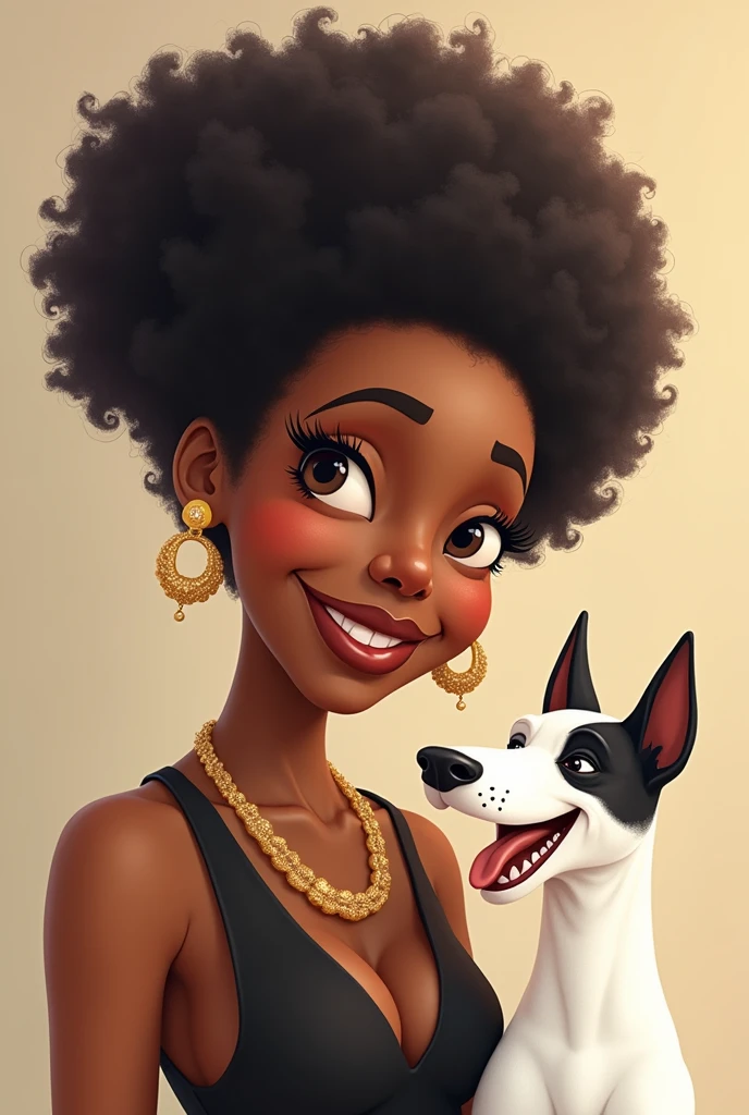 The image shows an elderly black woman with a voluminous afro and a warm smile on her face.. She looks up gently at the dog beside her., a Bull Terrier with white fur and dark spots. The lady is elegantly dressed and seems to convey a sense of serenity and confidence.. The dog, A sua volta, displays an alert and curious expression, appearing to be completely devoted to his mate. cartoon