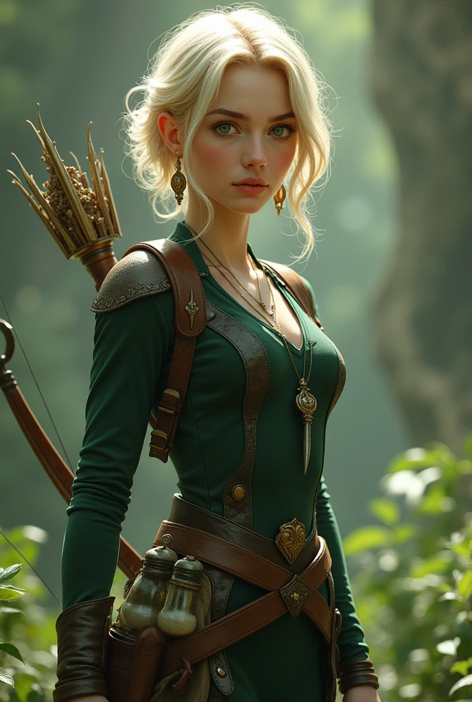 uma mulher de 20 anos, Caucasian skin, short hair to the chin blonde, with two large strands down to the shoulders in the front, honey-colored eyes, light green water lines, ear with leaf earrings, narrow but fleshy mouth, angelic face with big eyes (the appearance has to be of a fantasy world) and the indifferent expression she has the appearance of fantasy. 

Her hair is like that of the singer Aurora. She wears a dark green tight outfit with brown at the waist and carries small bottles of herbs., has a dagger in his thigh, her body is curvy and small, and she also carries a bow on her back, she is a warrior, don&#39;t put a cleavage on her clothes 