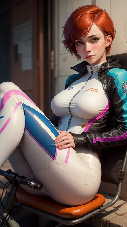 gwen tennyson,1girl,tracer,d.va,rebecca chambers,overwatch,gundam,close up,mecha pilot,mountain view,red and silver plugsuit,hair pin,pirate corset,white long sleeve lycra top,blue leggings,short hair,cute makeup,green eyes,orange and blue hair,shy smile, freckles,redhead,beautiful girl,large breasts,ultra detailed,realistic,fantasy art, cyclist jacket,riding a bicycle,wet clothes,