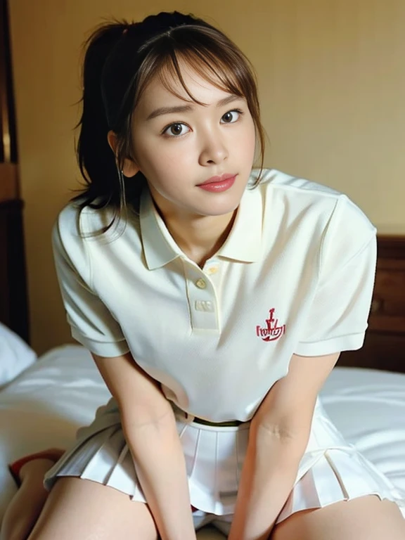 (Masterpiece, Best quality: 1.4), (Ultra realistic, Photo-realistic: 1.2), Full body, (kneeling: 1.3), Looking at viewer, Natural light, 28 years old actress, Japanese women, (arms behind back: 1.2), Neat and clean, ((Wearing white tennis uniform, White polo shirt with collar, Not buttoning the polo shirt, White pleated tennis skirt: 1.2)), (ponytail: 1.2), Light brown hair color, (Beautiful Face), Oval face, clear, (Beautiful eyes, Kind eyes), (Clear skin), Small face, (Small mouth, Beautiful mouth), Natural makeup, Approachable, Hotel Suite room, On bed, (nsfw:1.1), Seductive smile, Seductive pose, Beautiful thighs, Touch pussy, Bedroom eyes, Spread legs,