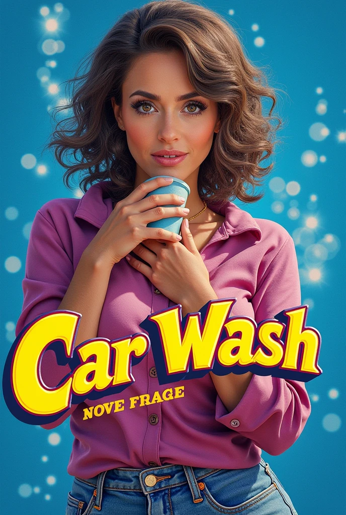 (Masterpiece, Best Quality), 8k Wallpaper, highly detailed, award-winning movie poster, Jennifer Love Hewitt, rom comedy film titled "Car Wash", masterpiece, best quality, highly detailed, sharp, the movie poster is called Car Wash. Typography 