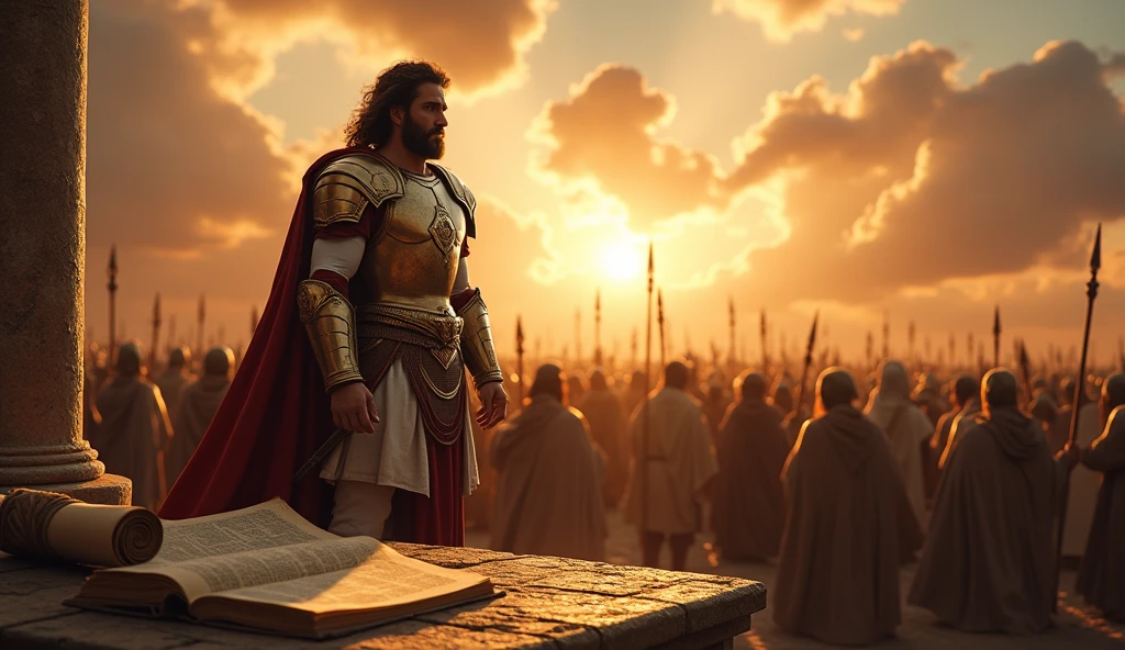 Imagine a cinematic scene that portrays David&#39;s vast legacy, the king of Israel. The image captures a majestic battlefield, where David, with his shining armor and the harp at his side, stands out as a charismatic leader. Ao fundo, his warriors watch him with admiration, as a soft sunset light illuminates your face, reflecting your faith and determination.

To the left of the image, a rustic wooden table is filled with scrolls and books, with different authors of the Bible studying and discussing the life and deeds of David, symbolizing how your story is a constant source of inspiration and teachings. Among them, you can see iconic figures, like Solomon and the prophets, emphasizing David&#39;s influence on future generations.

in the sky, clouds in the shape of religious symbols, like the Star of David, suggest the spiritual connection and the importance of their leadership and faith. The scene is rich in detail, conveying the idea that David&#39;s legacy transcends time, reaffirming his role as a model of leadership and devotion that continues to be studied and admired.
