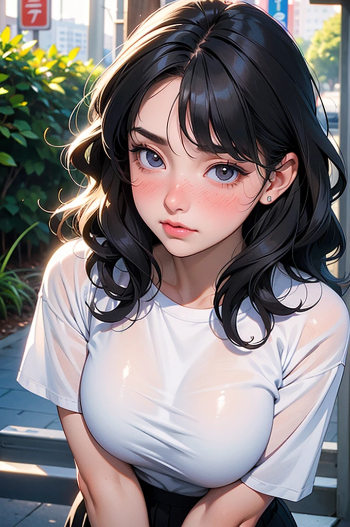 ((masterpiece)), ((best quality)), (detailed), (girl), wavy hair, light black hair, large breasts, photograph, beautiful detailed face, detailed eyes, (embarrassed,blush:1.3), ((Late night park)), (Plain T-shirt)