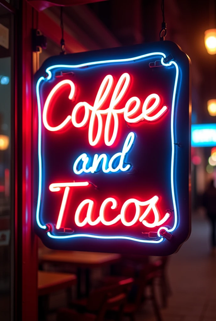 Create a sentence with neon letters written "coffee and tacos"