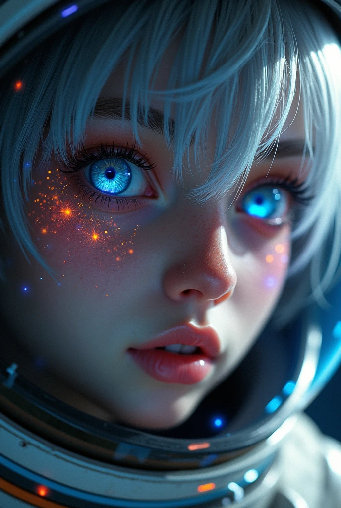 (Close-up of a better masterpiece:1.5)0.9], (Space and astronauts:1.2) (Messy silver hair:1.1) (Heterochromia xanthochromia and blue eyes:1.2) (Space Helmet:1.0) (Colored stars in the eyes:1.0) (A radiant glow:1.1) (thick lips:0.9)
