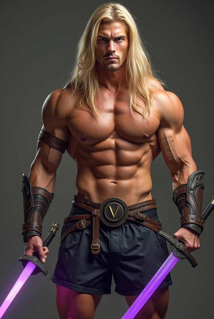 A muscular man with long blond hair wearing only gym shorts holding two purple swords