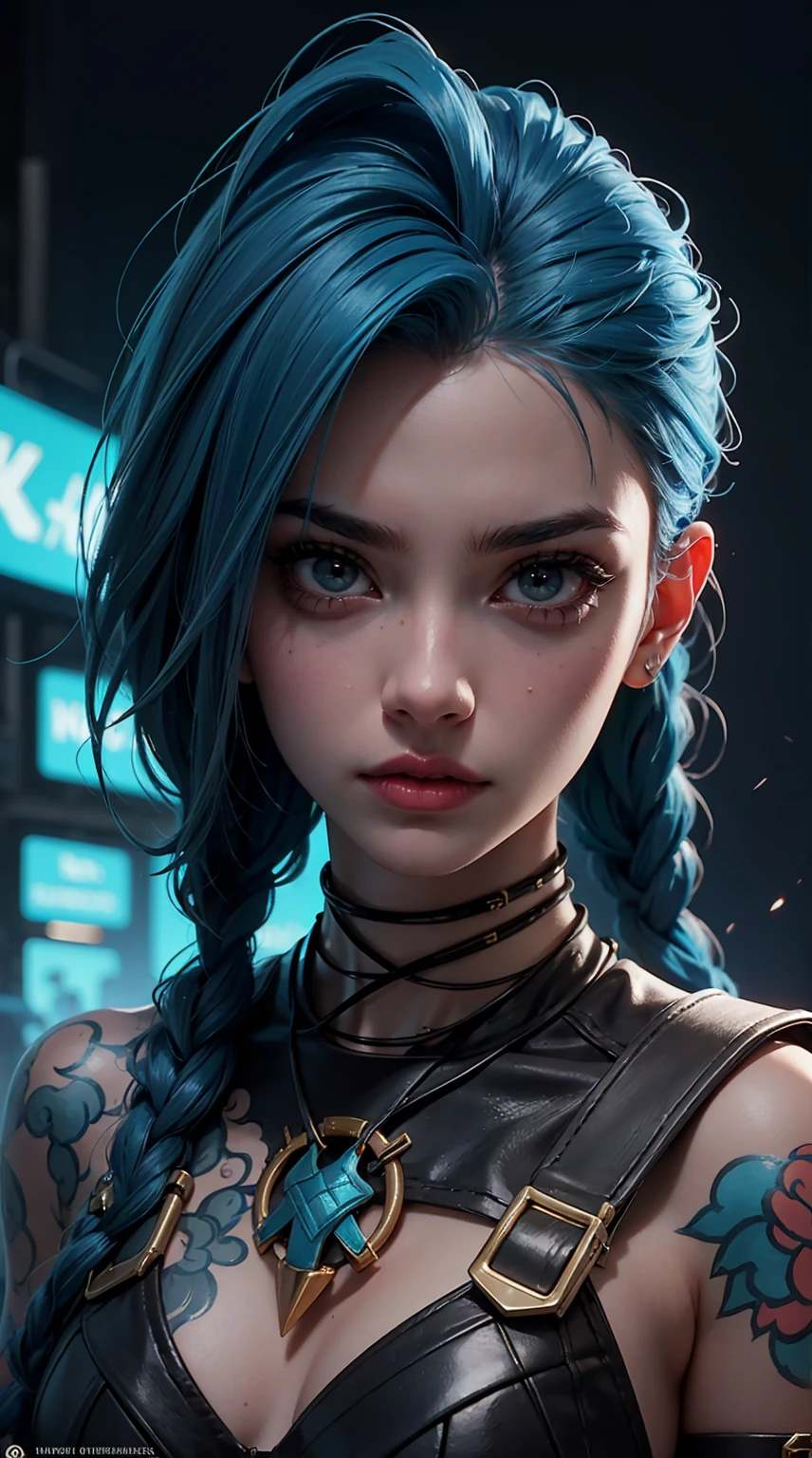 Jinx League of legends, close-up portrait, girl with blue hair and tattoos, intense expression, colorful cyberpunk background, neon lights, dramatic lighting, hyper-detailed, 8k, photorealistic, cinematic, concept art style