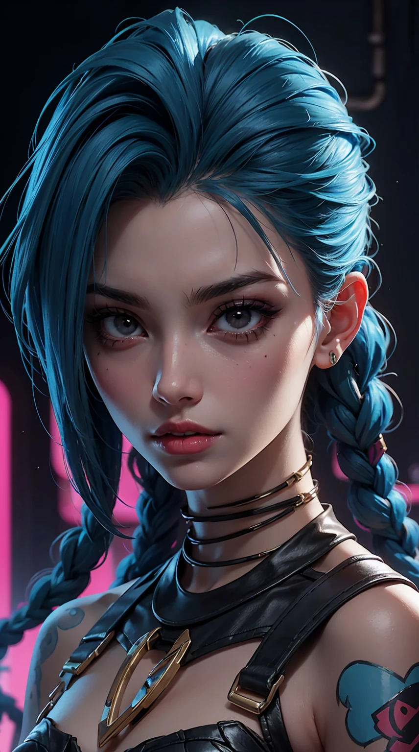 Jinx League of legends, close-up portrait, girl with blue hair and tattoos, intense expression, colorful cyberpunk background, neon lights, dramatic lighting, hyper-detailed, 8k, photorealistic, cinematic, concept art style