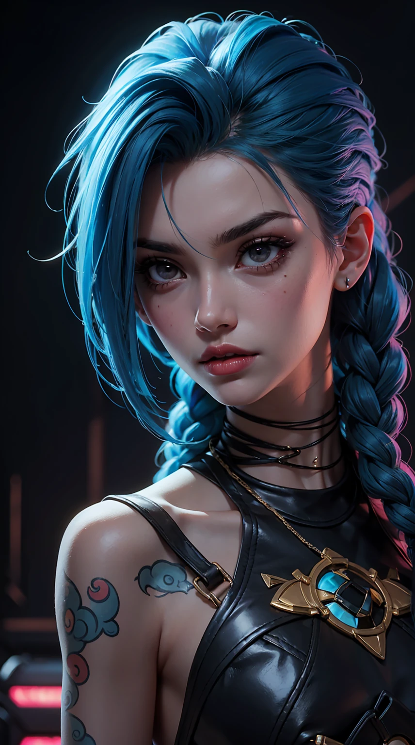 Jinx League of legends, close-up portrait, girl with blue hair and tattoos, intense expression, colorful cyberpunk background, neon lights, dramatic lighting, hyper-detailed, 8k, photorealistic, cinematic, concept art style