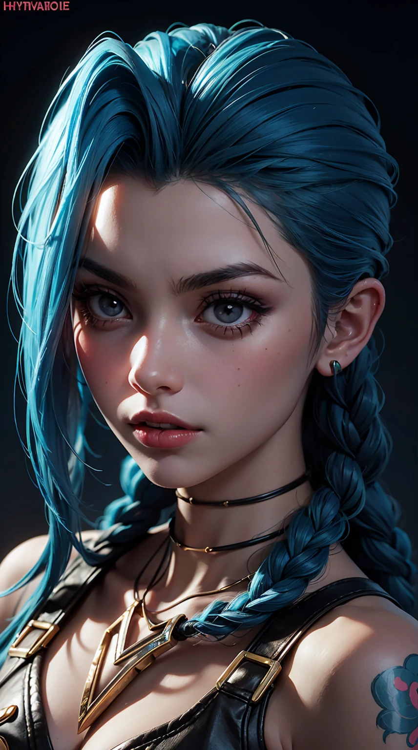 Jinx League of legends, close-up portrait, girl with blue hair and tattoos, intense expression, colorful cyberpunk background, neon lights, dramatic lighting, hyper-detailed, 8k, photorealistic, cinematic, concept art style