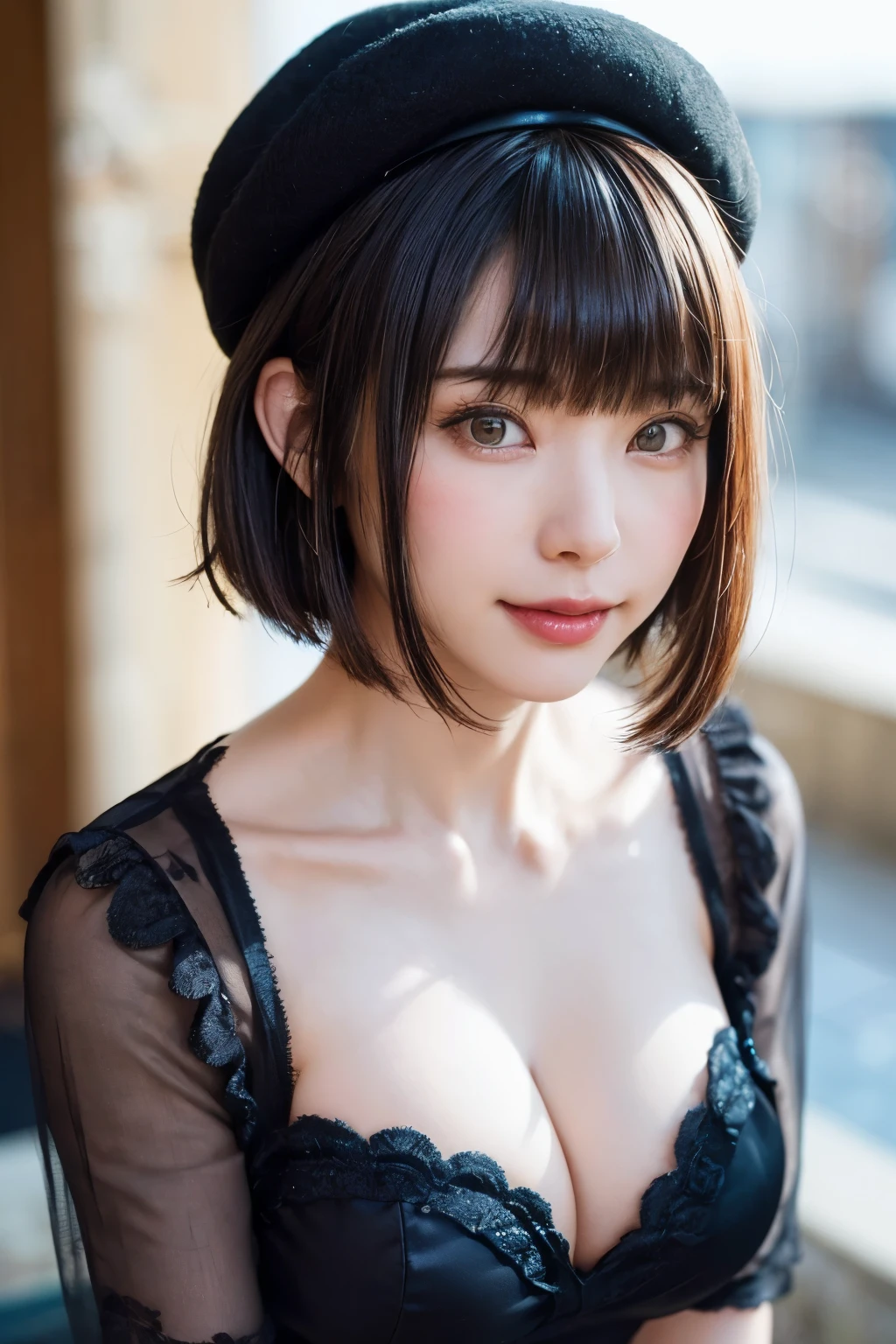 (masterpiece, Highest quality),One Girl, solo, Black-haired, scarf, hat, Realistic, Realistic, Looking at the audience, Light-coloured black eyes, Short brunette bob hair, Brown coat,, Lips, Bans, Plein Air, Upper body、Big eyes、Beautiful view of sparkling snow lassi))、(((Short bob hair with bangs:1.4、Shiny Hair、Bans:1.4、Big eyes、large full chest、Intensely accentuates the eyes、Staring at the audience、Beautiful beauty、Listen carefully、Long neck、Smile a little、smile、Ideal body proportions)))、{huge|big|hugeな|Mega} chest:2, chestの谷間:2