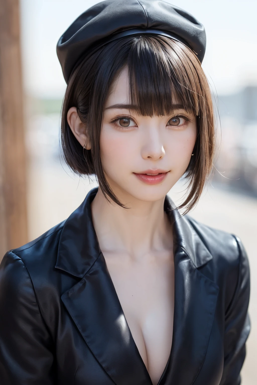 (masterpiece, Highest quality),One Girl, solo, Black-haired, scarf, hat, Realistic, Realistic, Looking at the audience, Light-coloured black eyes, Short brunette bob hair, Brown coat,, Lips, Bans, Plein Air, Upper body、Big eyes、Beautiful view of sparkling snow lassi))、(((Short bob hair with bangs:1.4、Shiny Hair、Bans:1.4、Big eyes、large full chest、Intensely accentuates the eyes、Staring at the audience、Beautiful beauty、Listen carefully、Long neck、Smile a little、smile、Ideal body proportions)))、{huge|big|hugeな|Mega} chest:2, chestの谷間:2