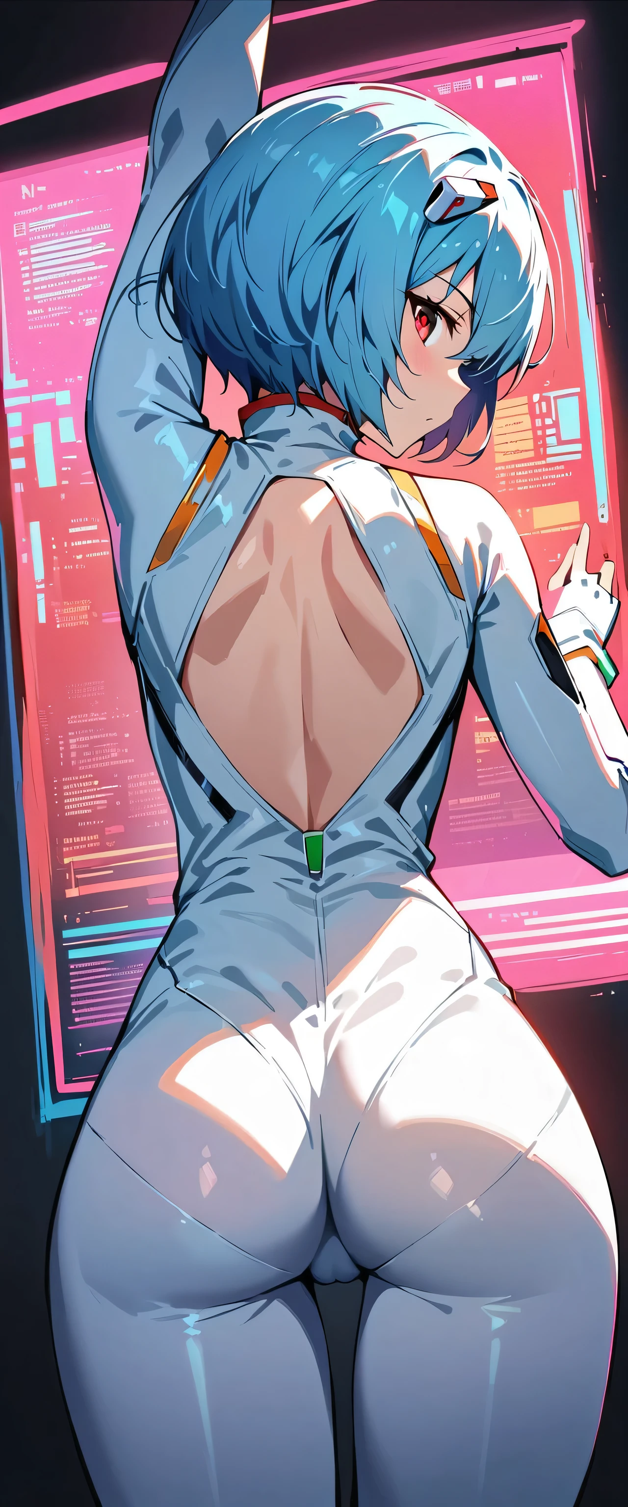 (masterpiece, best quality:1.2), 1girl, solo,standing_split,( from behind,back,bottom:1.5),
standing split,stand on one leg, Ayanami Rei,white bodysuit,red eyes,pilot suit,short hair,blue hair,bangs,interface headset,turtleneck,hair between eyes,pixelated background,neon lights,sci-fi color scheme,vivid colors,metallic texture,detailed shading,holographic interface,dark atmosphere,high contrast,sharp focus,wisps of hair,reflective surface,exquisite details,high-res,studio lighting,red accents,illuminated surroundings,artificial intelligence assistant