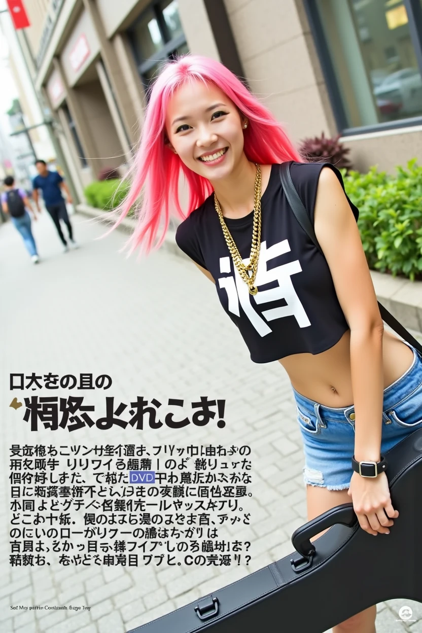 (((女性の胸をとんでもないほどのBig Breastsに変更、The bag on the woman's left shoulder has been replaced with a large guitar case.、Slender curves、Big Breasts、Big Breasts、Big Breasts、Transcendent beauty、Whipped body)))、Poster layout for adult video, with text on screen: "BAND GIRL Shocking AV DEBUT!!", (((Japanese woman carrying a large black guitar case))), 26 year old adult woman wearing a black crew neck top with large English letters on her chest and short blue jeans posing for a photo, busty female porn actor, dynamic pose, model pose for rock music magazine, unimaginably beautiful woman with slender curves, Japanese female fashion model, (((very bright pink hair))), happy, thick chain jewelry around neck and arms, (((in front of a strip theater in Asakusa))), pure and beautiful smile, intelligent face, slender curves, big breasts, wearing a black t-shirt, a very small leather jacket, denim shorts, (((extreme low angle))), zero, building, carrying a black guitar case with a guitar strap attached,, (((DVD mark、Blu-ray mark)))、