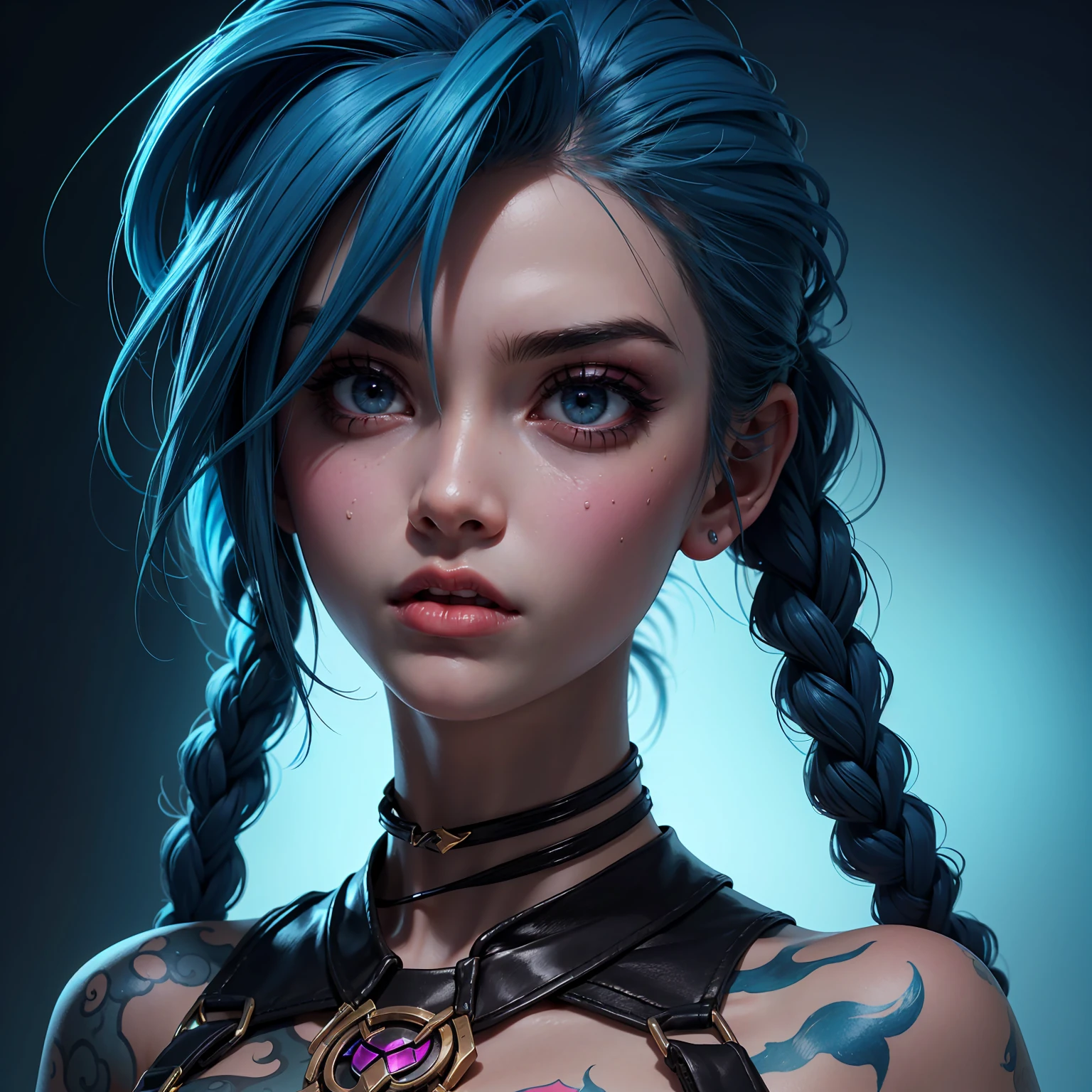 Jinx League of legends, close-up portrait, girl with blue hair and tattoos, intense expression, colorful cyberpunk background, neon lights, dramatic lighting, hyper-detailed, 8k, photorealistic, cinematic, concept art style