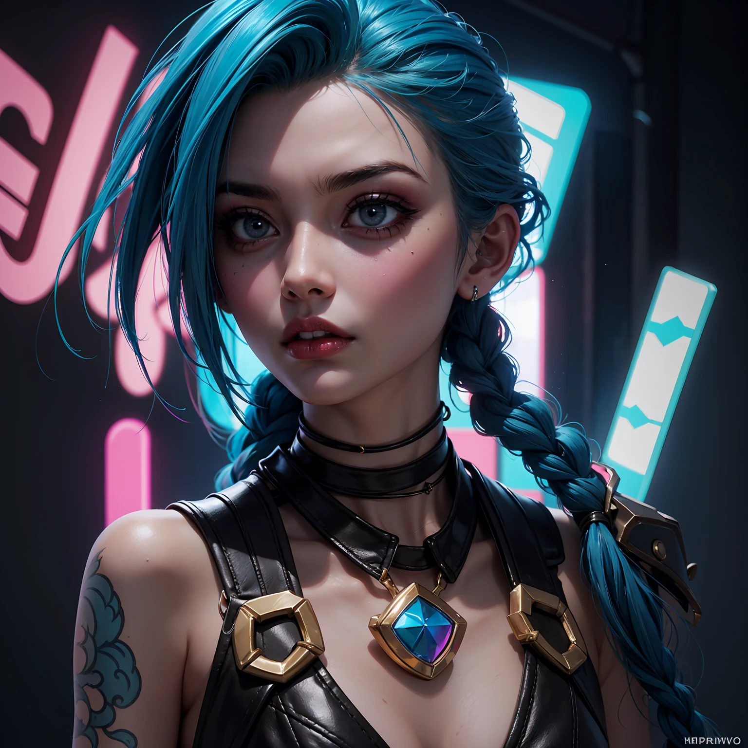 Jinx League of legends, close-up portrait, girl with blue hair and tattoos, intense expression, colorful cyberpunk background, neon lights, dramatic lighting, hyper-detailed, 8k, photorealistic, cinematic, concept art style