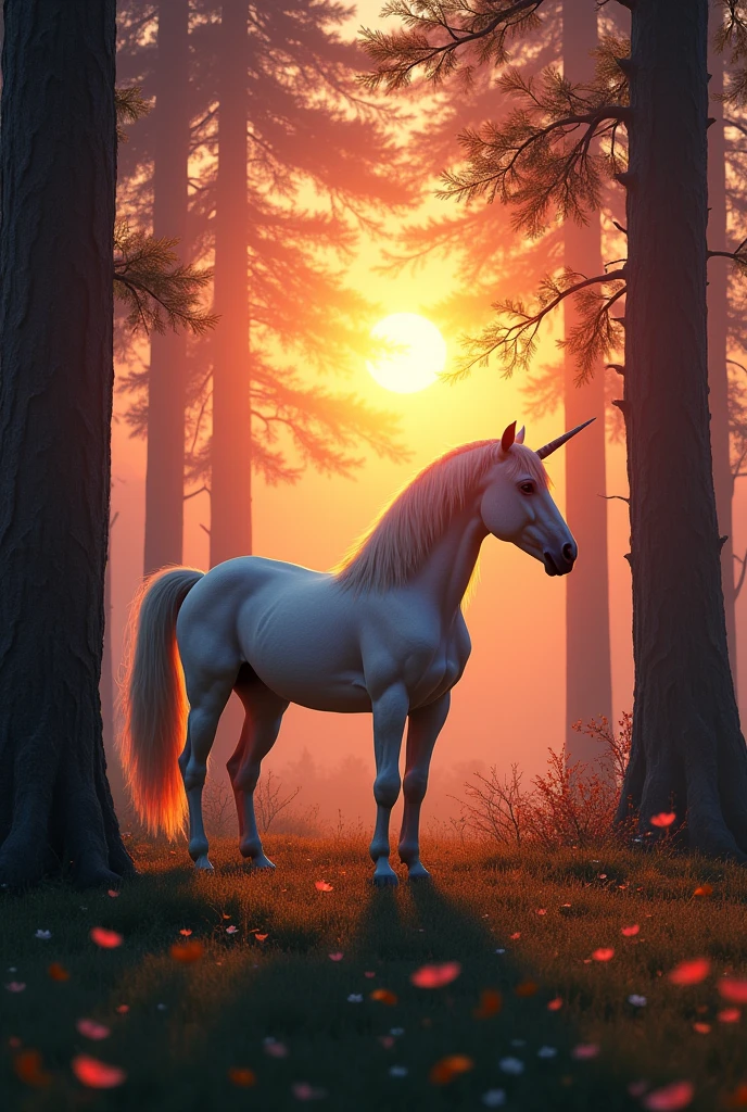 unicorn in the forest with sunset in the background
