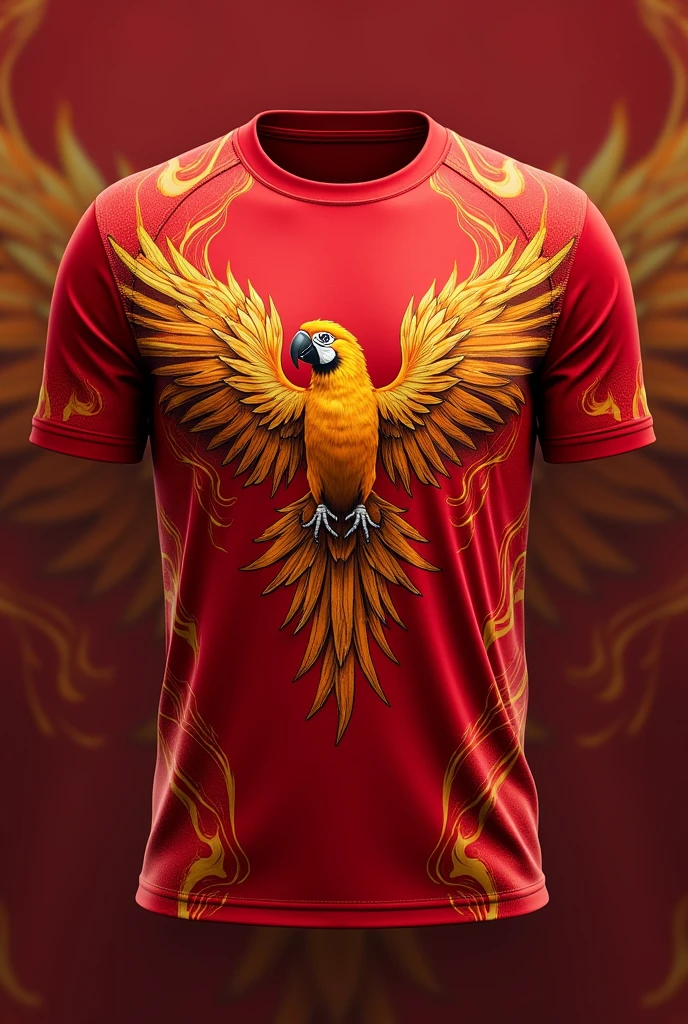 Make a red team shirt with gold flame-like details,and add a golden macaw as a design on the shirt as well